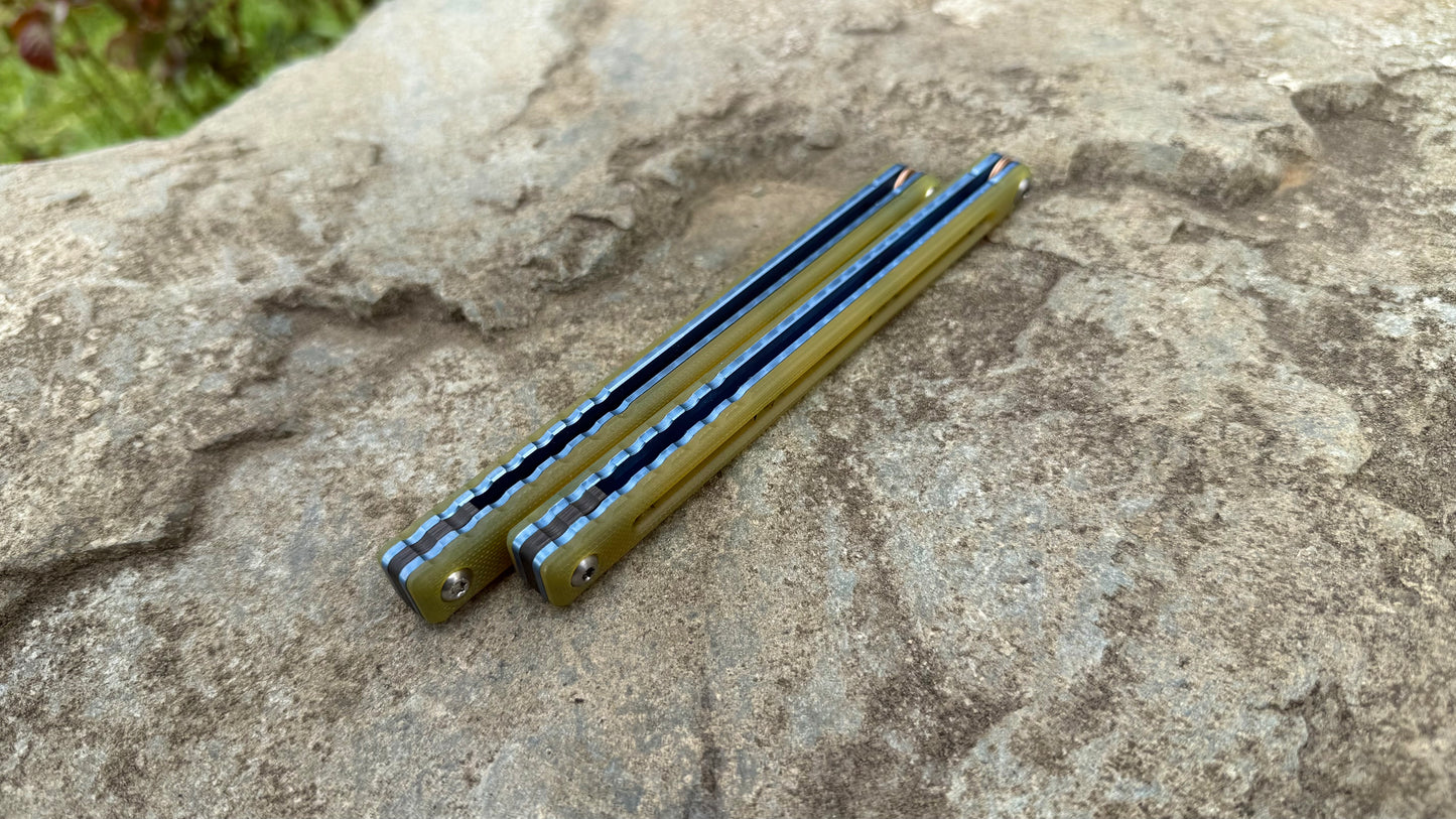 Titanium Nautilus Handles: Golden Lager G10 w/ Blue Anodization