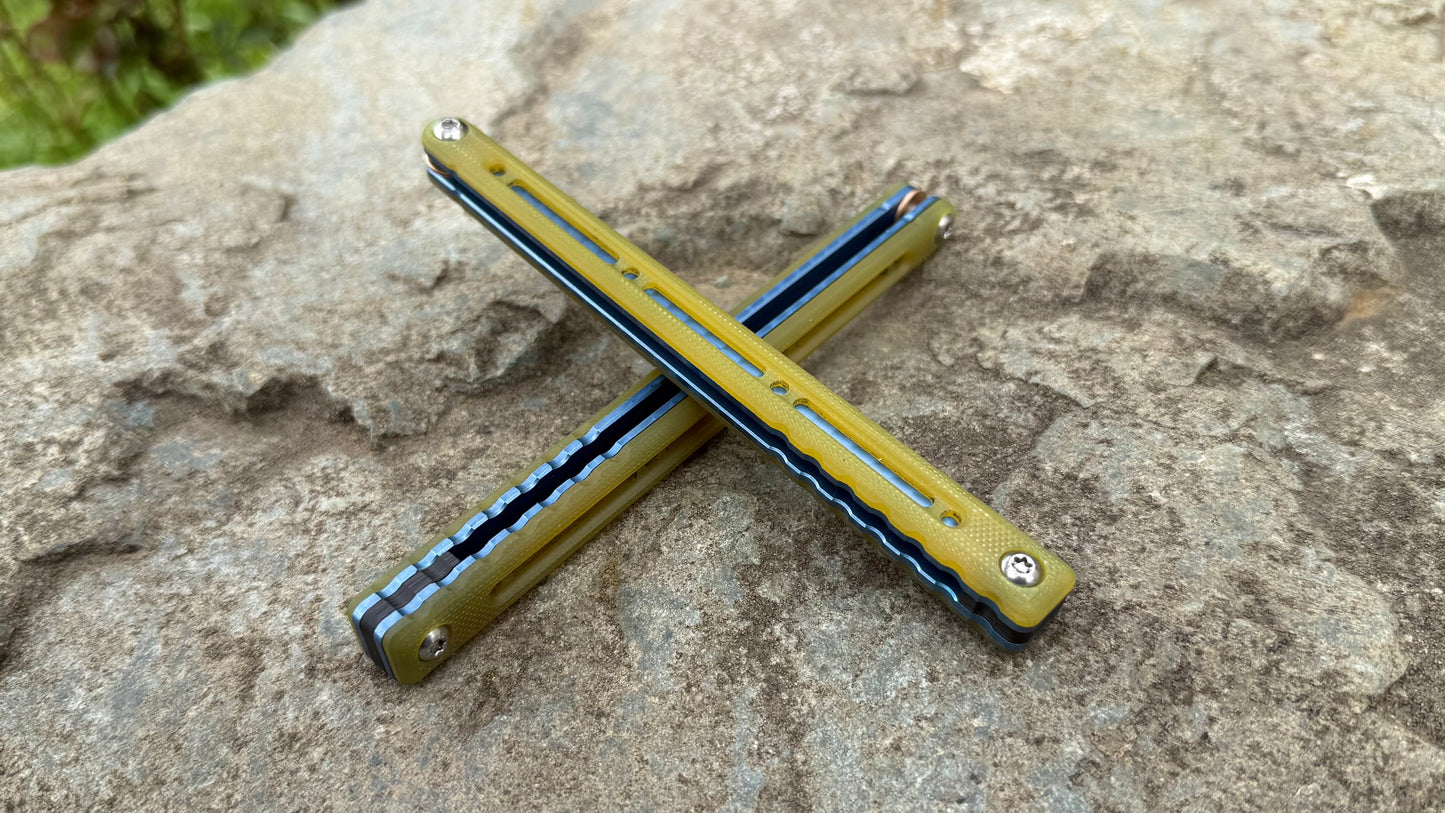 Titanium Nautilus Handles: Golden Lager G10 w/ Blue Anodization