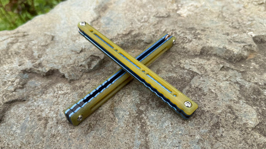 Titanium Nautilus Handles: Golden Lager G10 w/ Blue Anodization