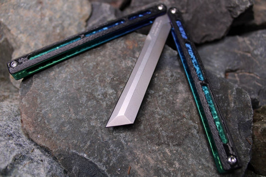 Flagship Tanto 002: Carbon Fiber W/Blue to Green Jeweled Ano (Sharpened Swedge)